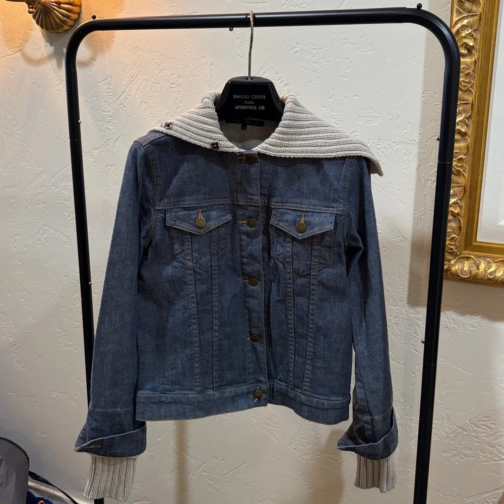 THEORY Blue Denim Jacket with Knit Collar - Picture 3 of 5